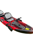 Red Orca double fishing kayak viewed from the front side, showing the seating layout and front storage hatch.