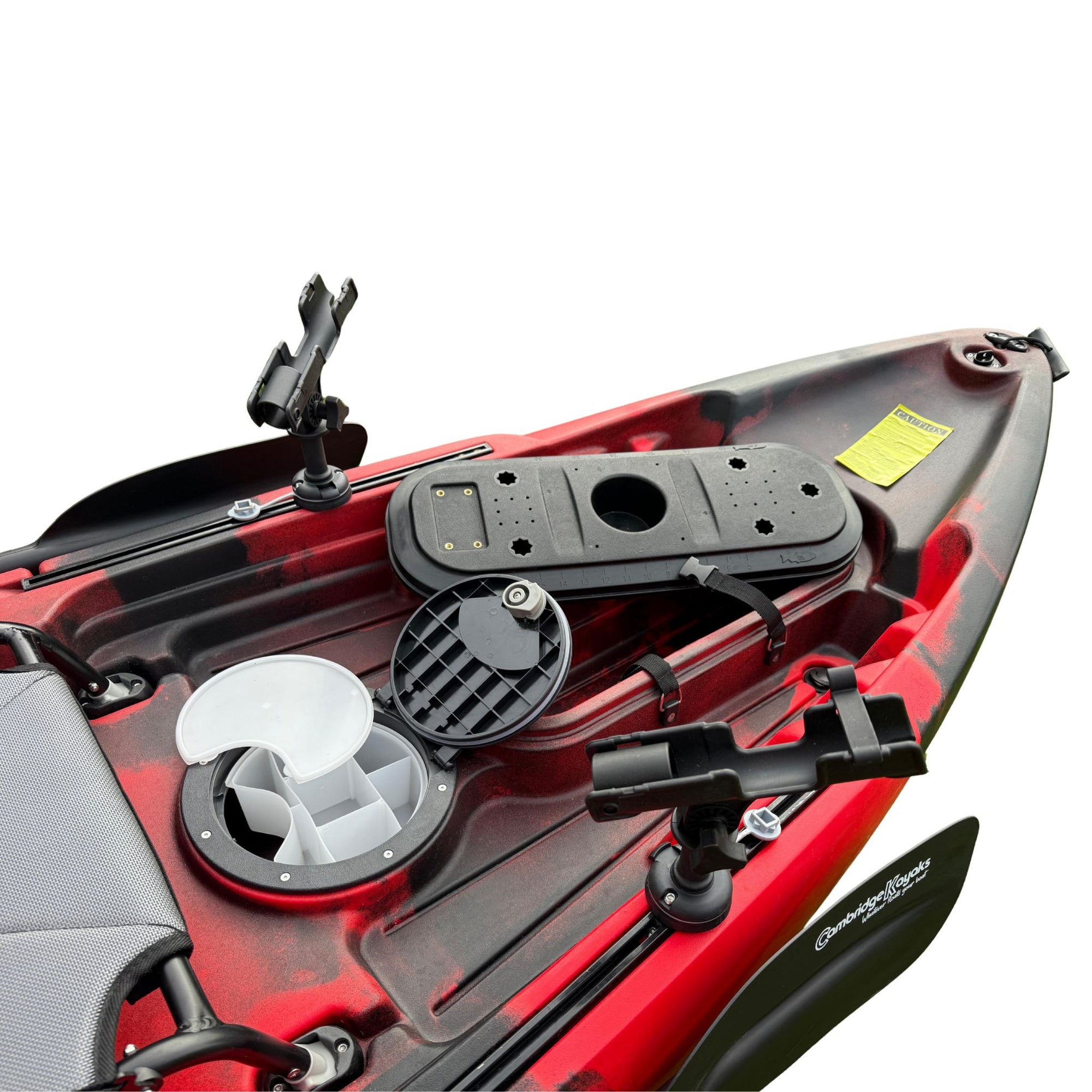 Front section of the red Orca double fishing kayak, showing bow storage area, fittings, and forward deck detail.