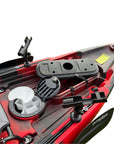 Front section of the red Orca double fishing kayak, showing bow storage area, fittings, and forward deck detail.