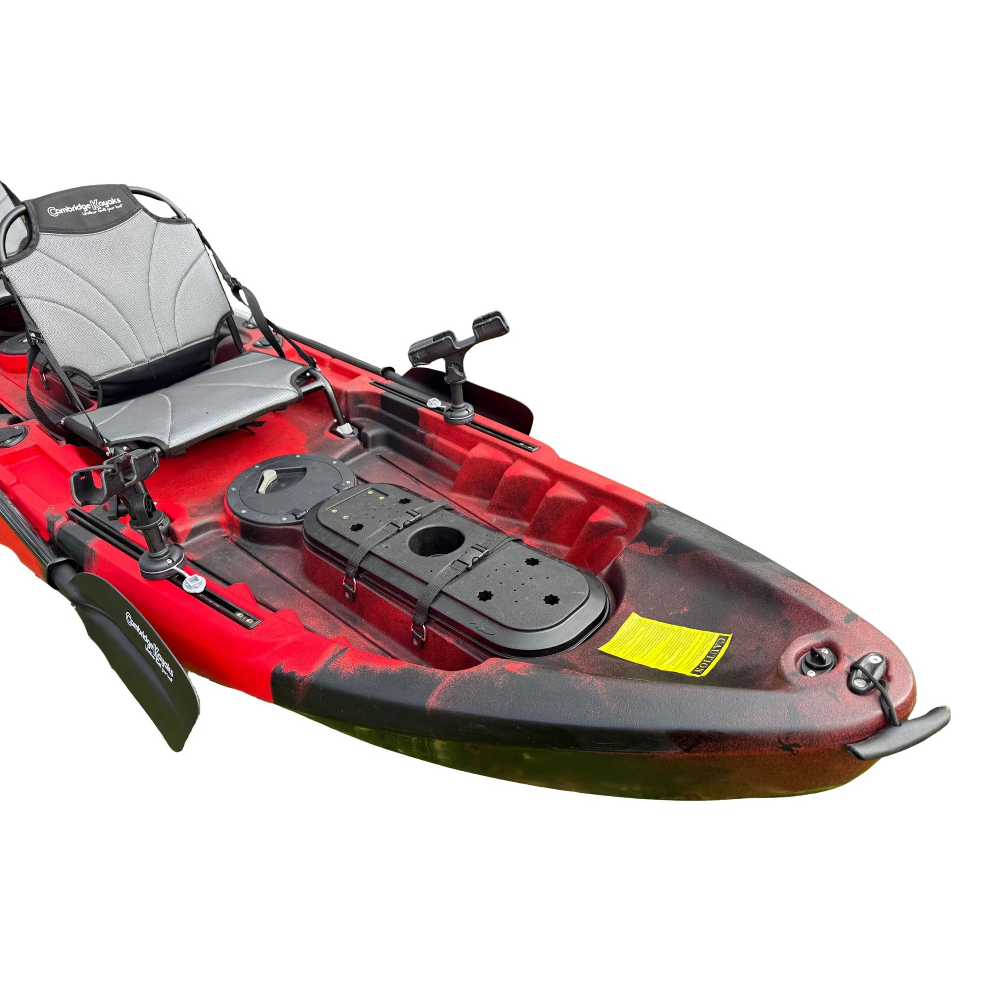 Overhead angled view of the red Orca double fishing kayak, showing both seats and the full deck layout.