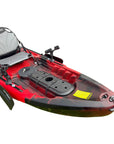 Overhead angled view of the red Orca double fishing kayak, showing both seats and the full deck layout.