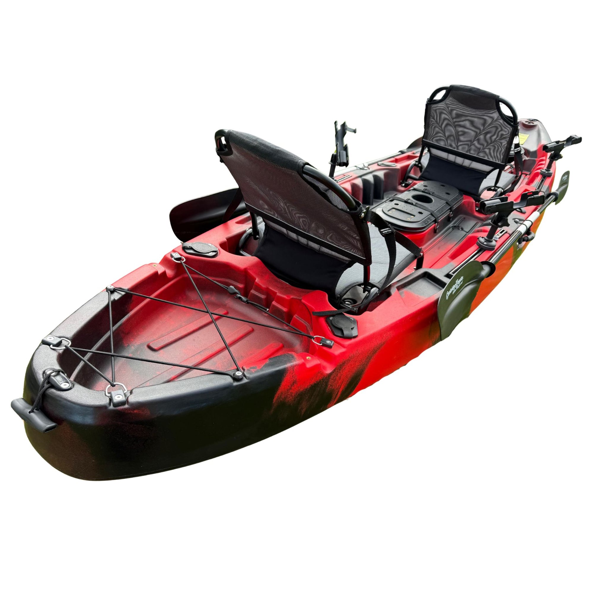 Rear section of the red Orca double fishing kayak with aluminium seat shown, displaying backrest and fittings.