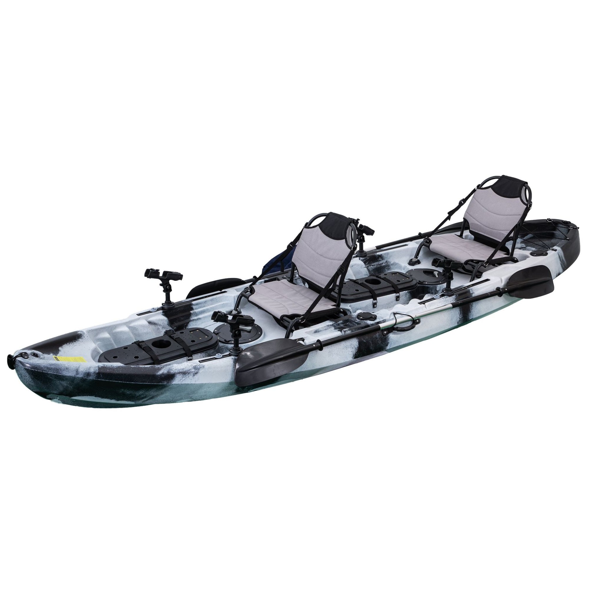 Side profile of the Cambridge Kayaks Orca double sit on fishing kayak in black white camo, featuring strong deck fittings and adjustable rod holders.