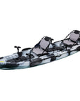 Side profile of the Cambridge Kayaks Orca double sit on fishing kayak in black white camo, featuring strong deck fittings and adjustable rod holders.