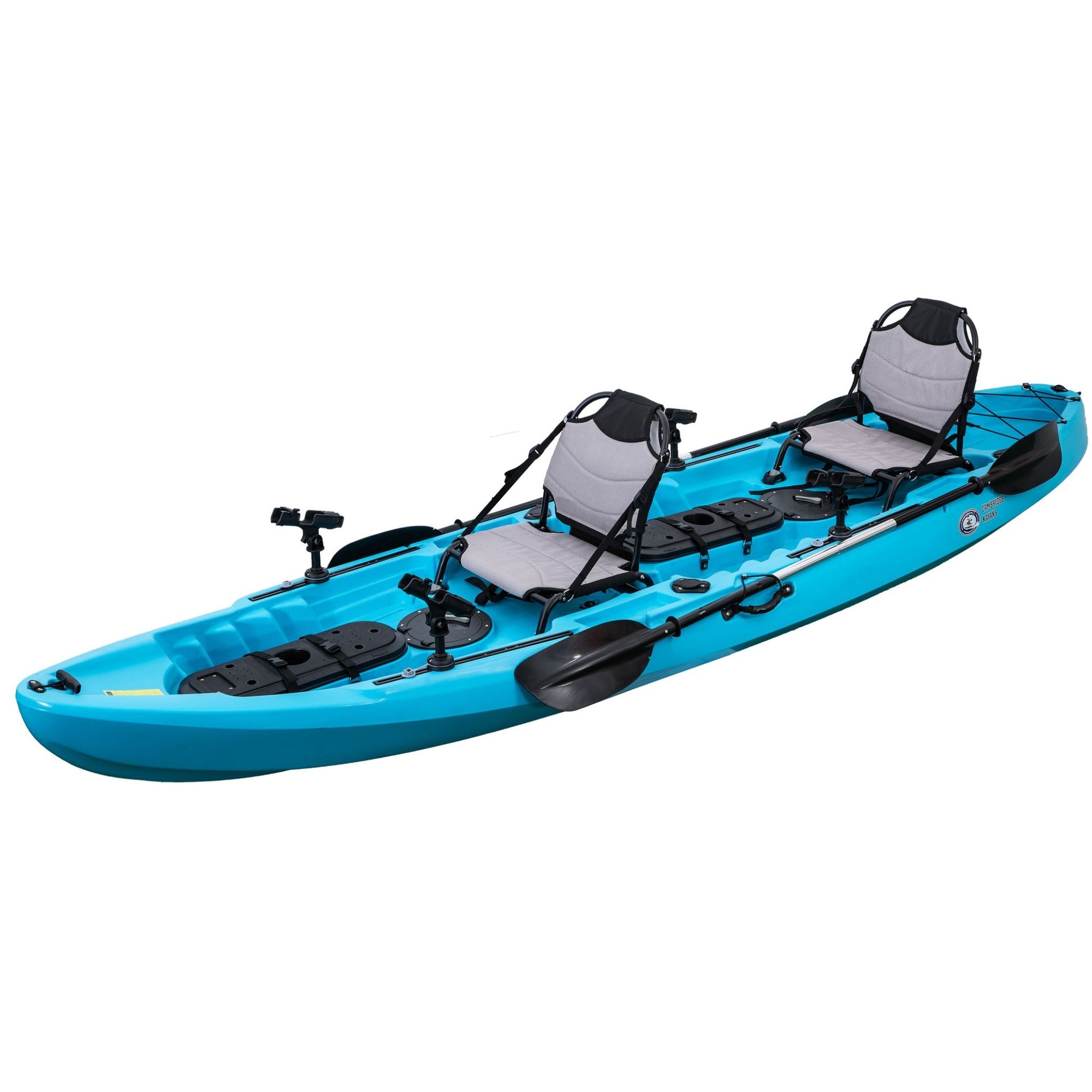Cambridge Kayaks Orca double sit on fishing kayak in light blue, side view showing clean modern finish and comfortable dual seat layout.