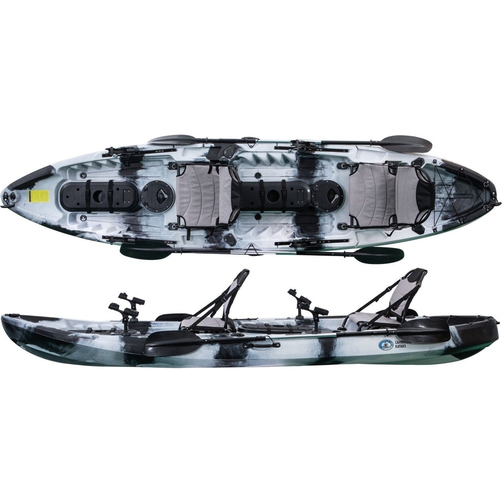 Cambridge Kayaks Orca 2+1 sit on top fishing kayak in black white camo, versatile tandem kayak with rod holders and storage, perfect for sea, river and lake kayaking