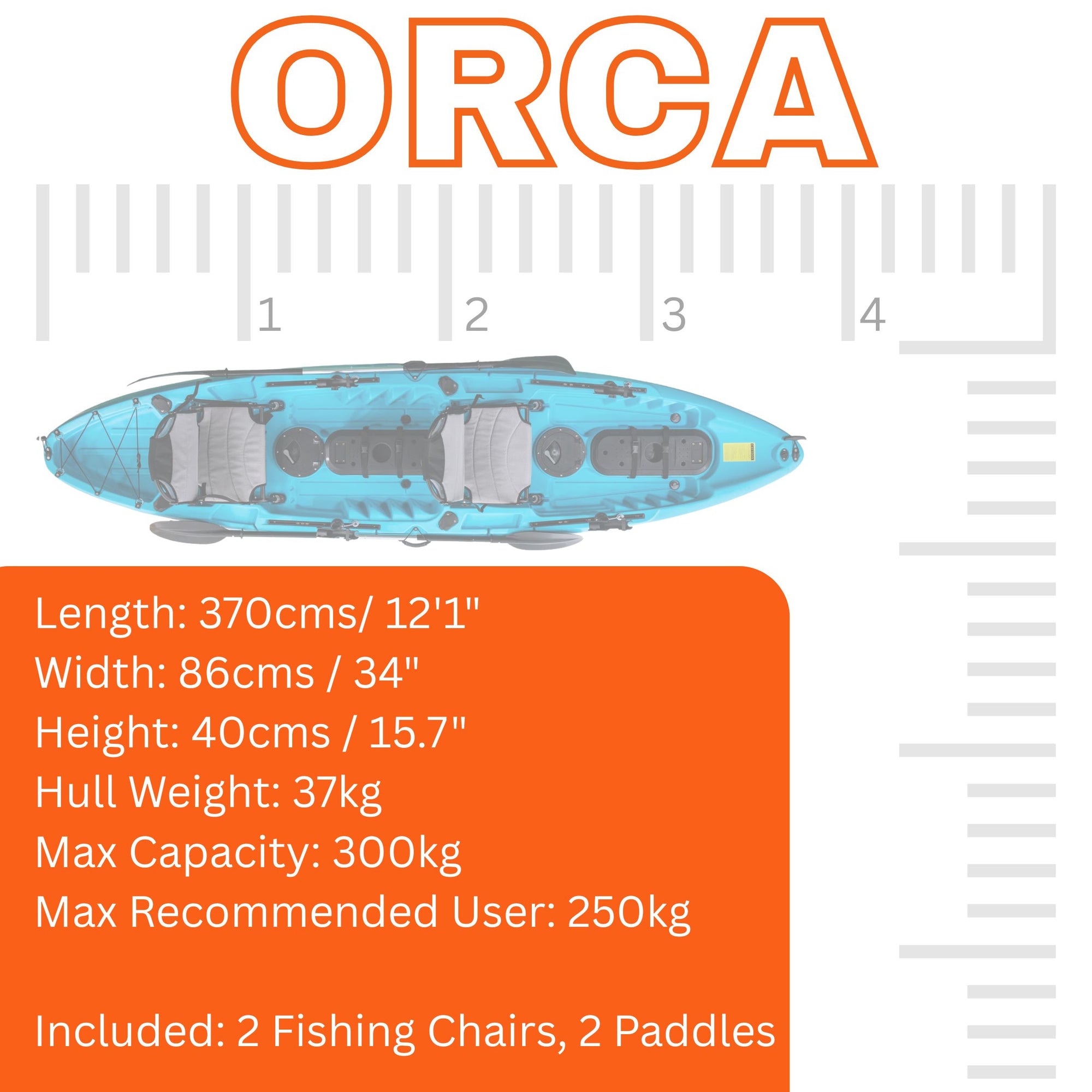Dimensions diagram of Cambridge Kayaks Orca tandem sit on top fishing kayak, showing length, width, and seating layout, ideal for buyers comparing the best tandem fishing kayaks UK
