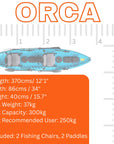 Dimensions diagram of Cambridge Kayaks Orca tandem sit on top fishing kayak, showing length, width, and seating layout, ideal for buyers comparing the best tandem fishing kayaks UK