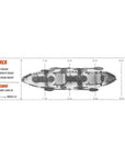 Dimensions diagram of Cambridge Kayaks Orca tandem sit on top fishing kayak, showing length, width, and seating layout, ideal for buyers comparing the best tandem fishing kayaks UK