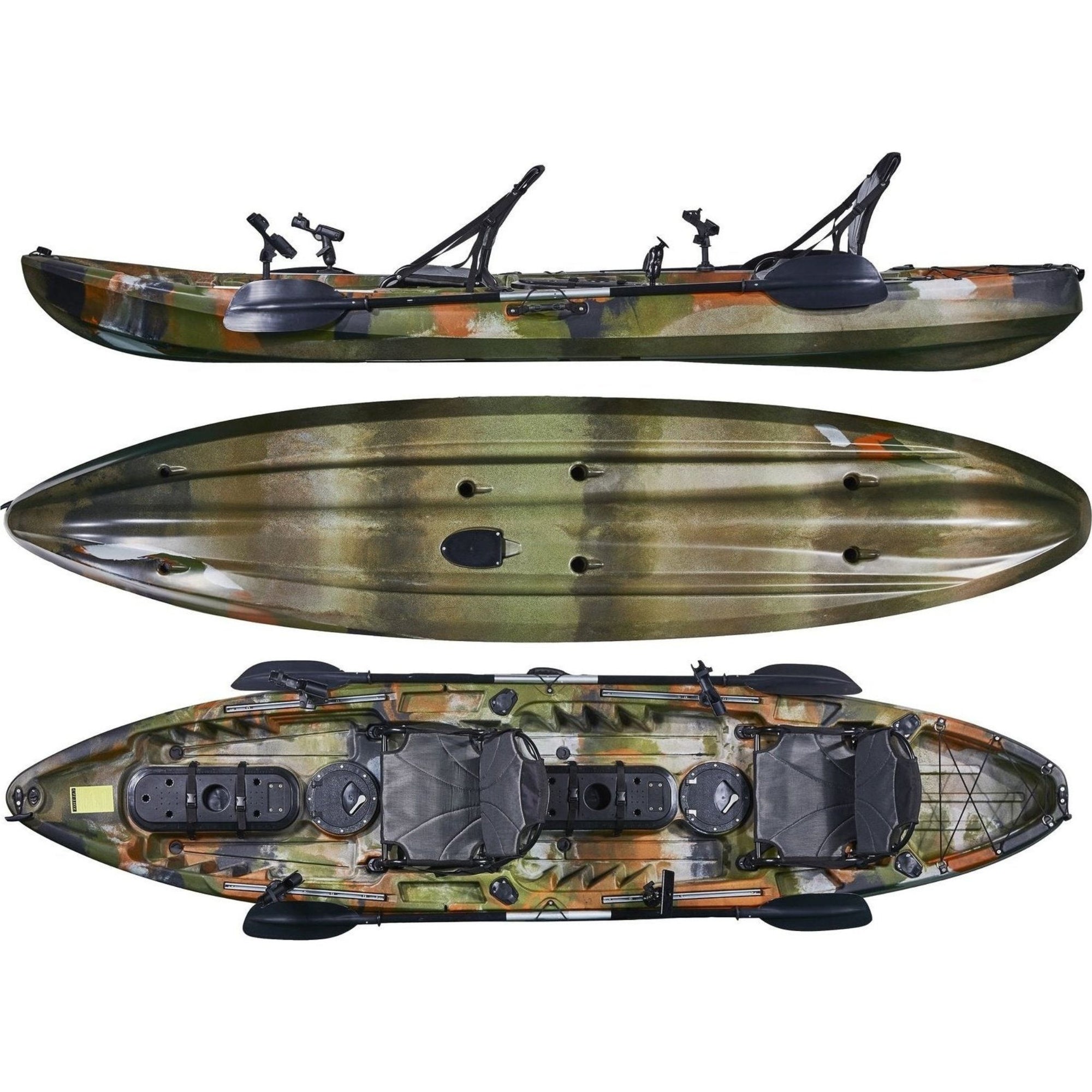Cambridge Kayaks Orca double fishing kayak in jungle camo, durable sit on top kayak for family leisure use, touring and fishing trips on UK waters