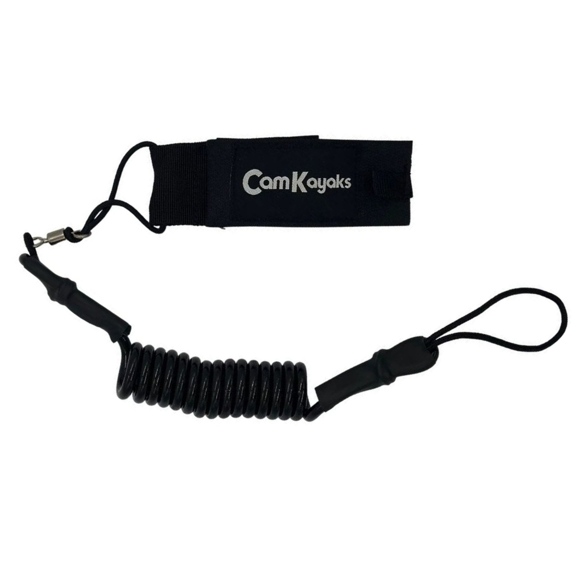 Cambridge Kayaks black coiled paddle leash with Velcro strap and clip attachment, designed to secure kayak paddles.