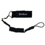 Cambridge Kayaks black coiled paddle leash with Velcro strap and clip attachment, designed to secure kayak paddles.