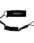 Cambridge Kayaks black coiled paddle leash with Velcro strap and clip attachment, designed to secure kayak paddles.