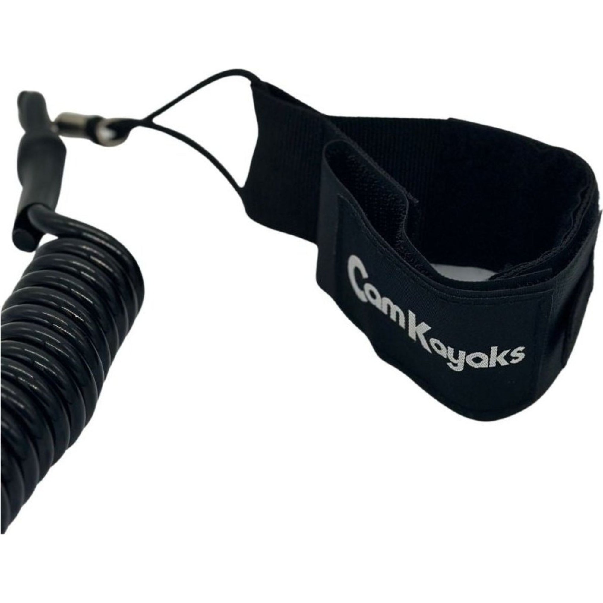 Detailed view of the Cambridge Kayaks paddle leash Velcro strap showing the brand logo and strong stitching.