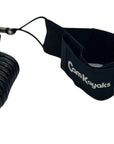 Detailed view of the Cambridge Kayaks paddle leash Velcro strap showing the brand logo and strong stitching.