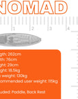 NOMAD product with dimensions and features on an orange background