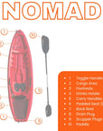 Cambridge Kayaks Pilgrim I Single Sit On Top Kayak specifications chart showing labelled features including toggle handles, cargo area, footrests, drinks holder, carry handles, padded seat, backrest, drain plug, scupper plugs, and paddle layout.