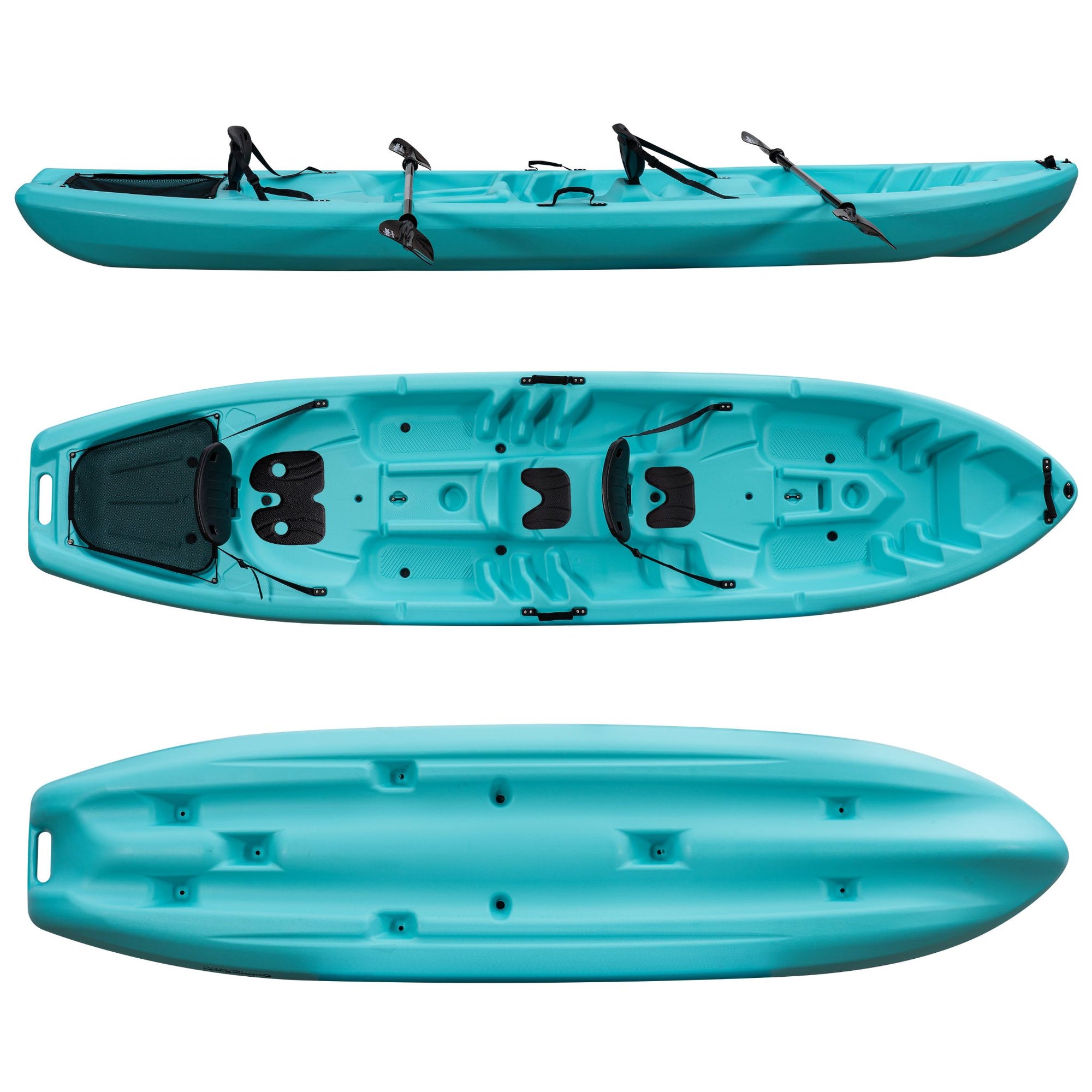 Cambridge Kayaks Pilgrim II double sit on top kayak in light blue, side and top combined view showing stable family kayak design