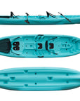Cambridge Kayaks Pilgrim II double sit on top kayak in light blue, side and top combined view showing stable family kayak design