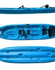 Cambridge Kayaks Pilgrim II double sit on top kayak in light blue, side and top combined view showing stable family kayak design