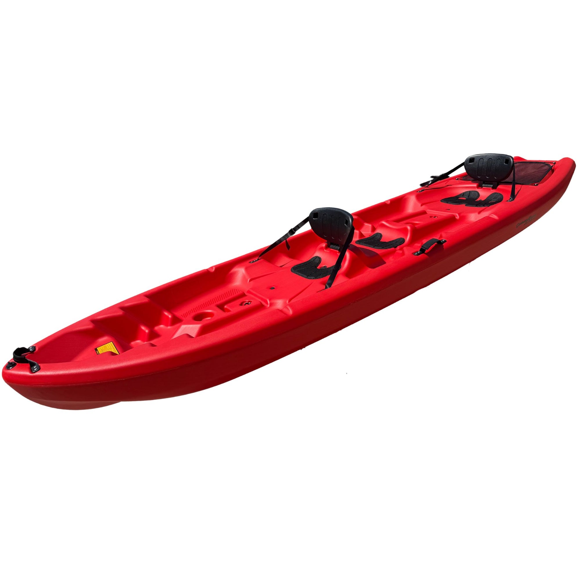 Cambridge Kayaks Pilgrim II red double sit on top kayak, angled front view with seating for two adults and a child