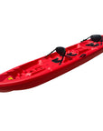 Cambridge Kayaks Pilgrim II red double sit on top kayak, angled front view with seating for two adults and a child