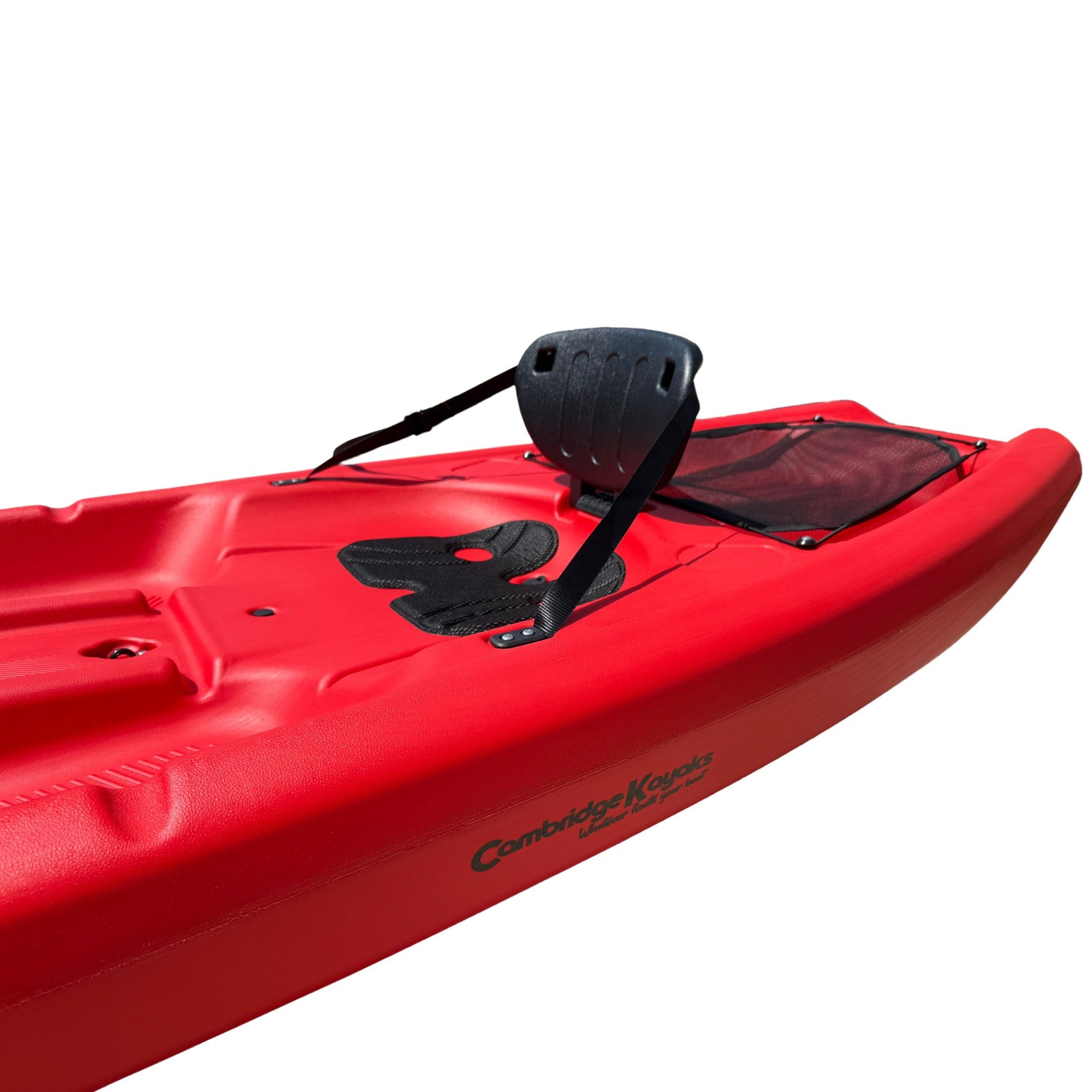 Cambridge Kayaks Pilgrim II red tandem kayak, close-up angled front view showing moulded seats and adjustable footrests