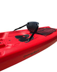 Cambridge Kayaks Pilgrim II red tandem kayak, close-up angled front view showing moulded seats and adjustable footrests