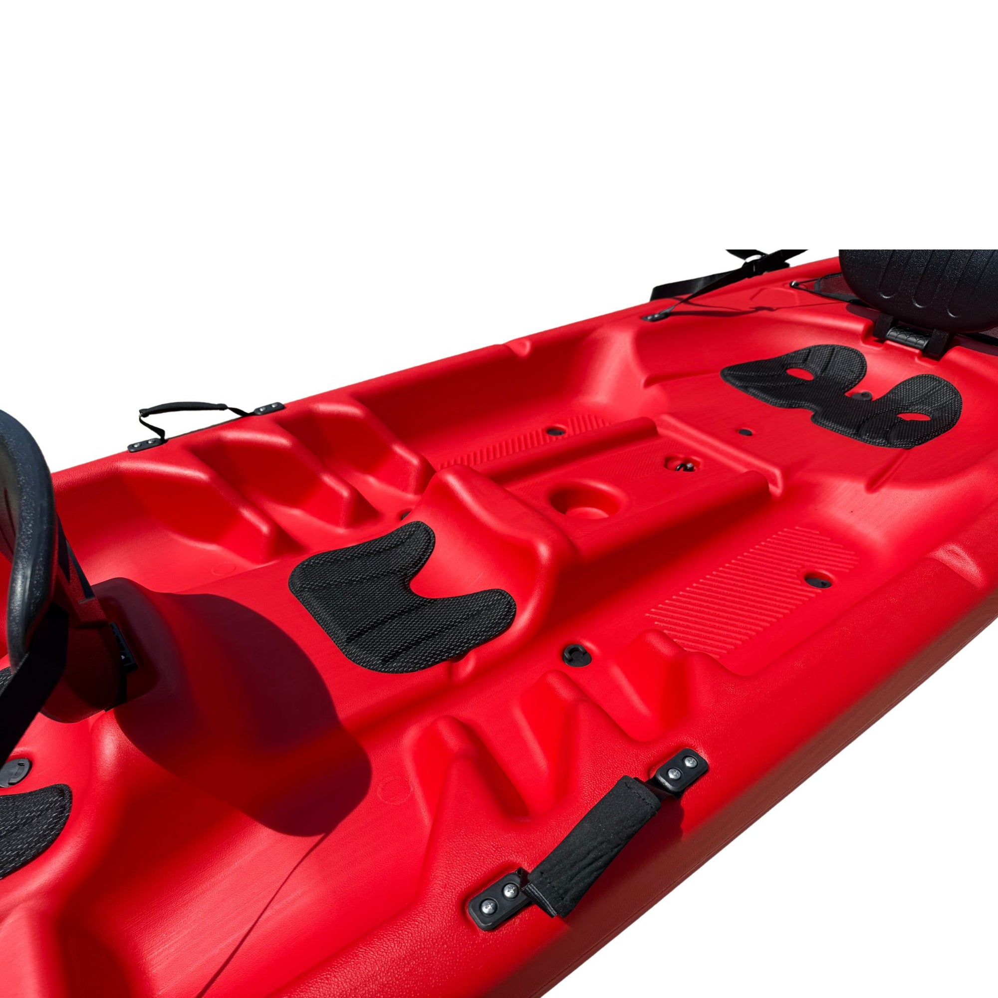 Hull bottom view of Cambridge Kayaks Pilgrim II double sit on top kayak in red, showing durable design and stable shape