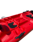 Hull bottom view of Cambridge Kayaks Pilgrim II double sit on top kayak in red, showing durable design and stable shape