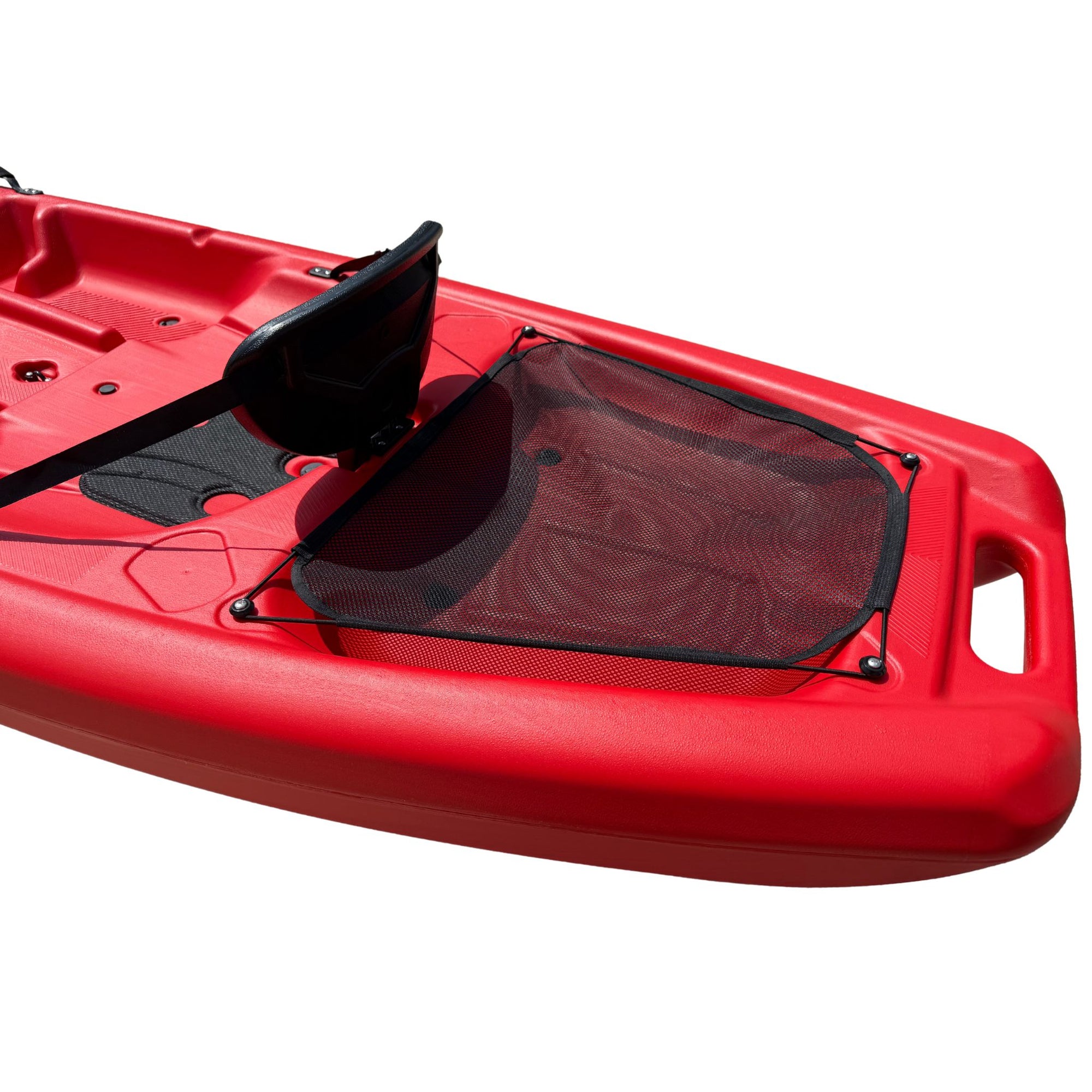 Cambridge Kayaks Pilgrim II red tandem kayak, rear close-up showing storage area, moulded seat and fittings