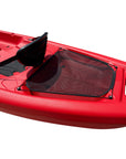 Cambridge Kayaks Pilgrim II red tandem kayak, rear close-up showing storage area, moulded seat and fittings