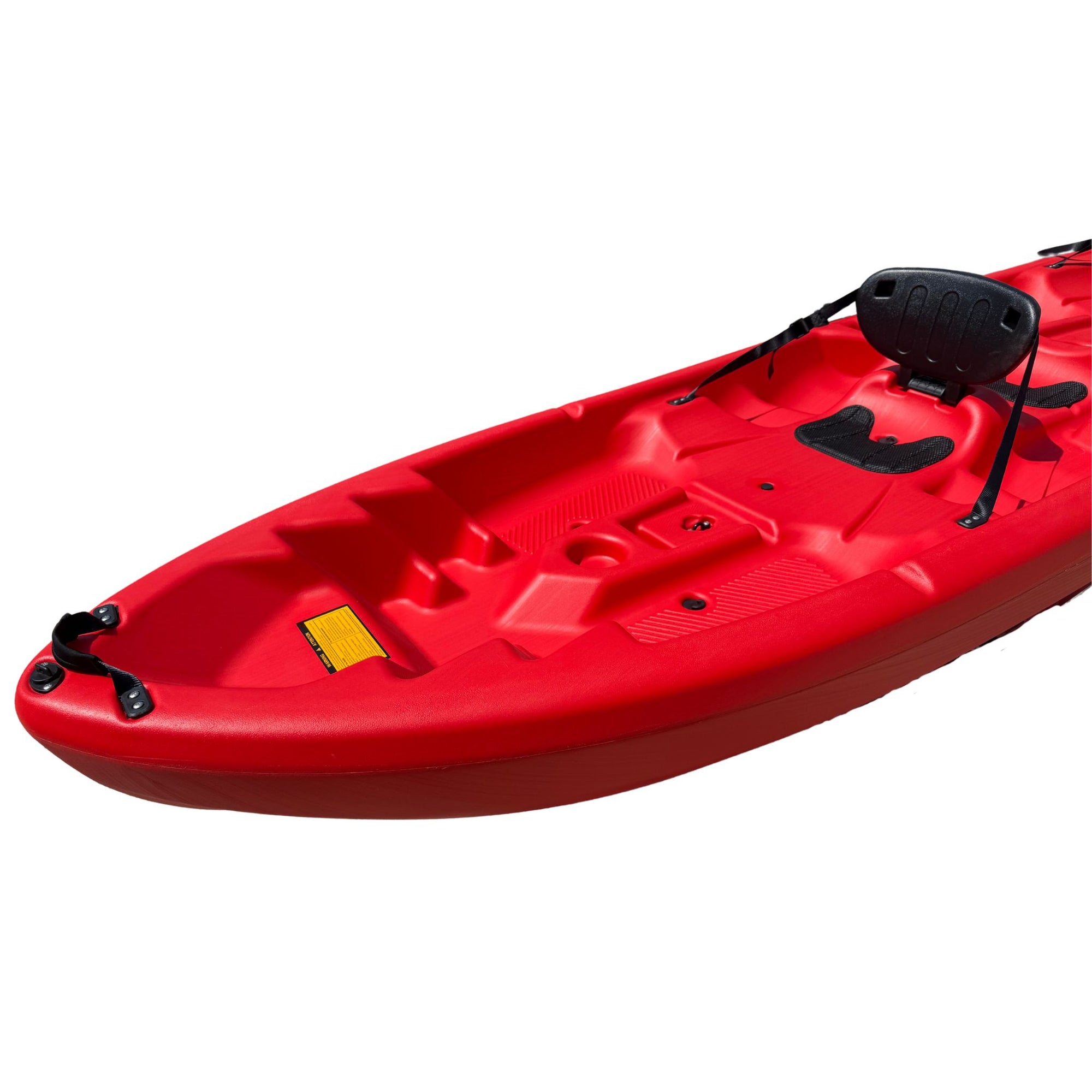 Top-down view of Cambridge Kayaks Pilgrim II double sit on top kayak in red, three seat layout with storage compartments