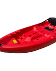 Top-down view of Cambridge Kayaks Pilgrim II double sit on top kayak in red, three seat layout with storage compartments