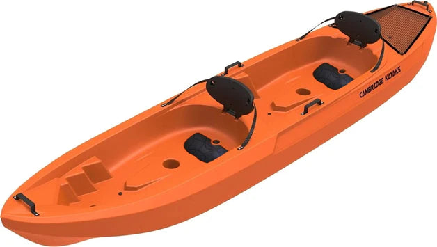 Cambridge Kayaks Pioneer Sit On Top Double Kayak in bright orange shown at an angled view, featuring two padded backrests, foot wells, and integrated storage areas for tandem paddling.