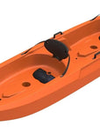 Cambridge Kayaks Pioneer Sit On Top Double Kayak in bright orange shown at an angled view, featuring two padded backrests, foot wells, and integrated storage areas for tandem paddling.