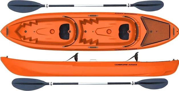 Top-down image of the Cambridge Kayaks Pioneer Double Sit On Top Kayak in orange showing full deck layout, twin paddles, backrests, and moulded seating for two users.