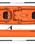 Top-down image of the Cambridge Kayaks Pioneer Double Sit On Top Kayak in orange showing full deck layout, twin paddles, backrests, and moulded seating for two users.