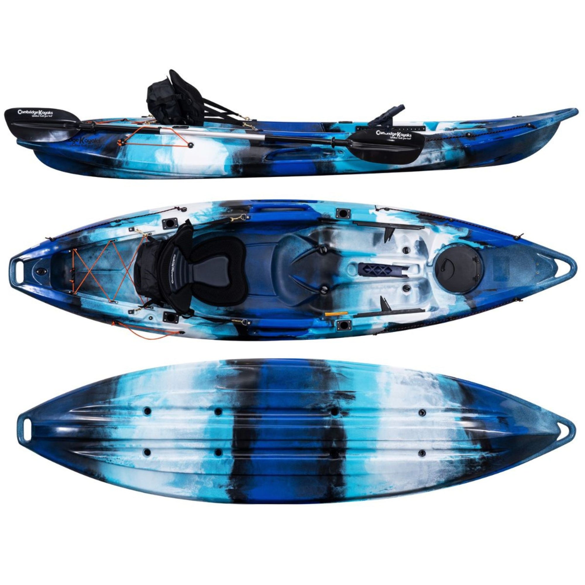 Cambridge Kayaks Quest single 1 plus 1 sit on top fishing kayak in blue camo, versatile family kayak for touring, fishing and recreational paddling with storage hatch and child seating