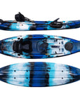 Cambridge Kayaks Quest single 1 plus 1 sit on top fishing kayak in blue camo, versatile family kayak for touring, fishing and recreational paddling with storage hatch and child seating
