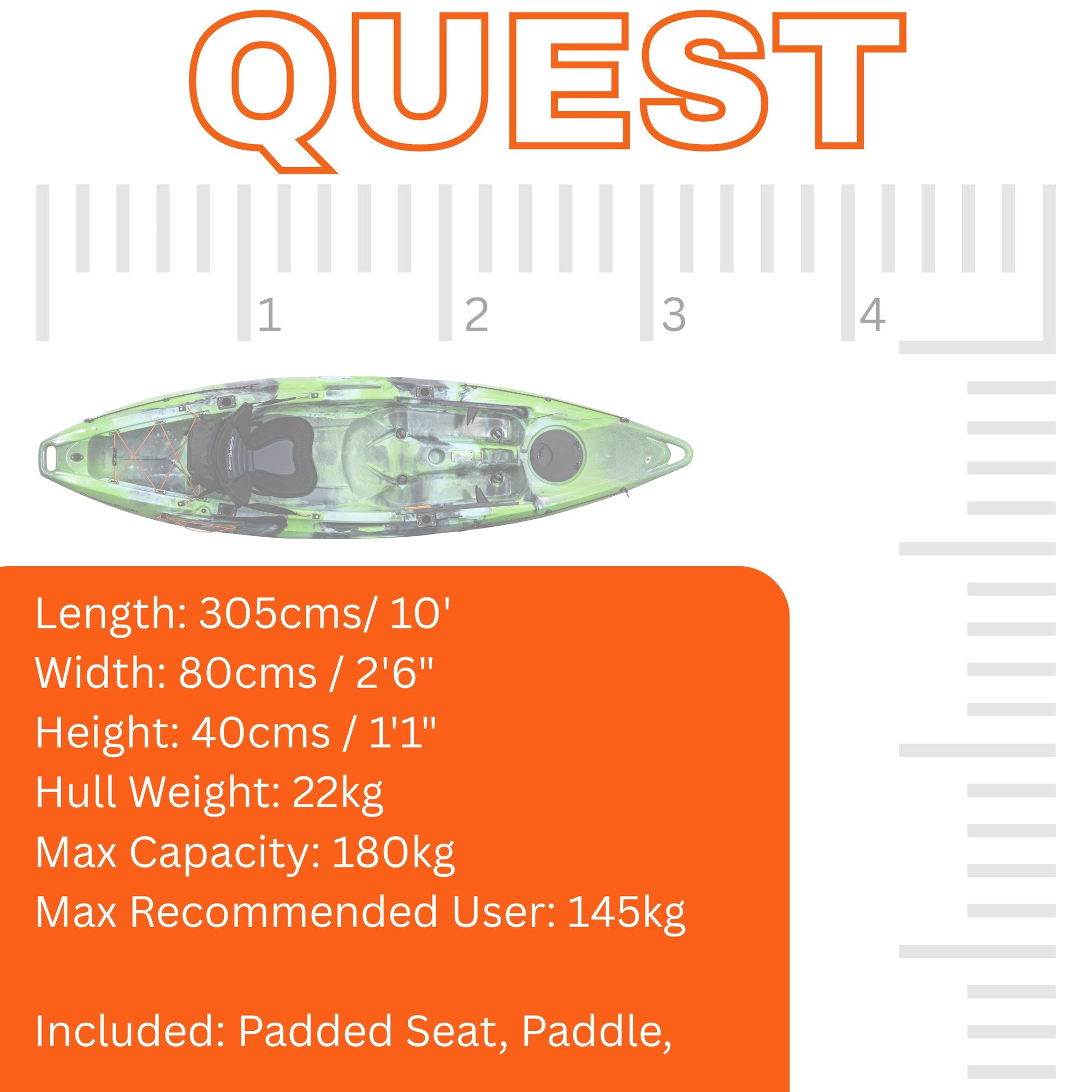 Official dimensions diagram for Cambridge Kayaks Quest single 1 plus 1 sit on top fishing kayak showing length, width, and seating configuration