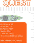 Official dimensions diagram for Cambridge Kayaks Quest single 1 plus 1 sit on top fishing kayak showing length, width, and seating configuration