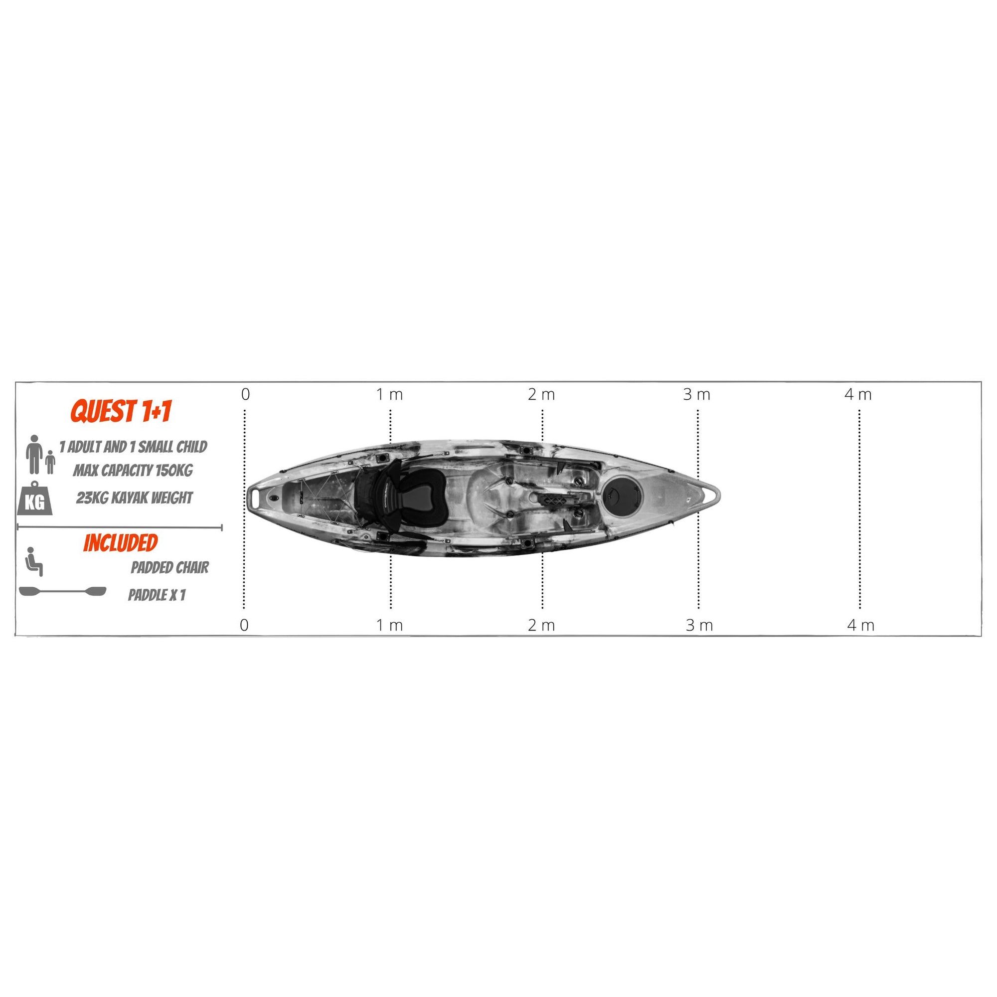 Official dimensions diagram for Cambridge Kayaks Quest single 1 plus 1 sit on top fishing kayak showing length, width, and seating configuration