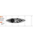 Official dimensions diagram for Cambridge Kayaks Quest single 1 plus 1 sit on top fishing kayak showing length, width, and seating configuration