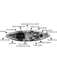 Features and specifications diagram for Cambridge Kayaks Quest single 1 plus 1 sit on top fishing kayak highlighting seating, footrests, storage and hull design