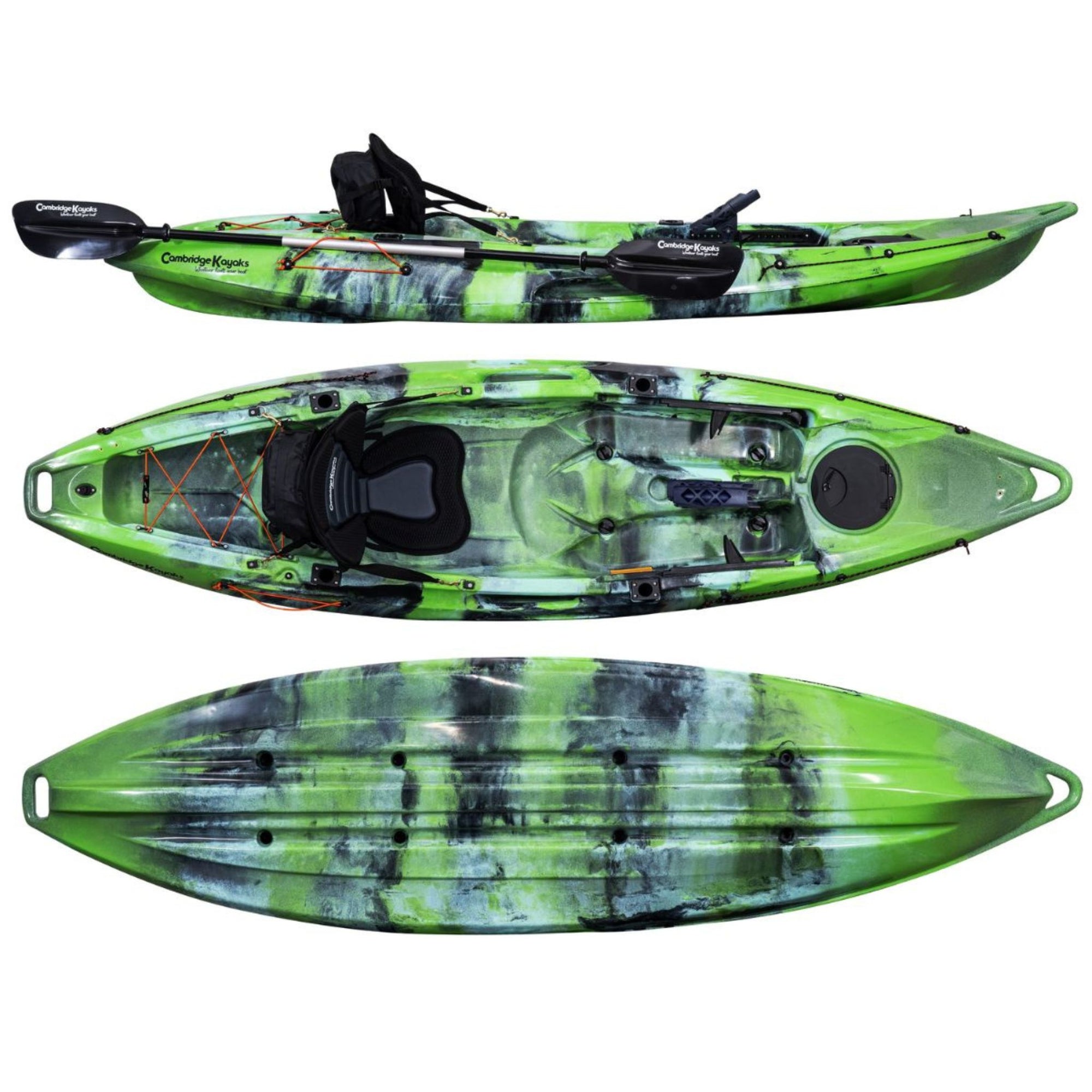 Cambridge Kayaks Quest single 1 plus 1 sit on top fishing kayak in green camo, alternate angle view showing storage area, seat layout and durable construction