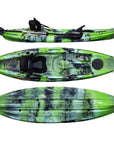 Cambridge Kayaks Quest single 1 plus 1 sit on top fishing kayak in green camo, alternate angle view showing storage area, seat layout and durable construction