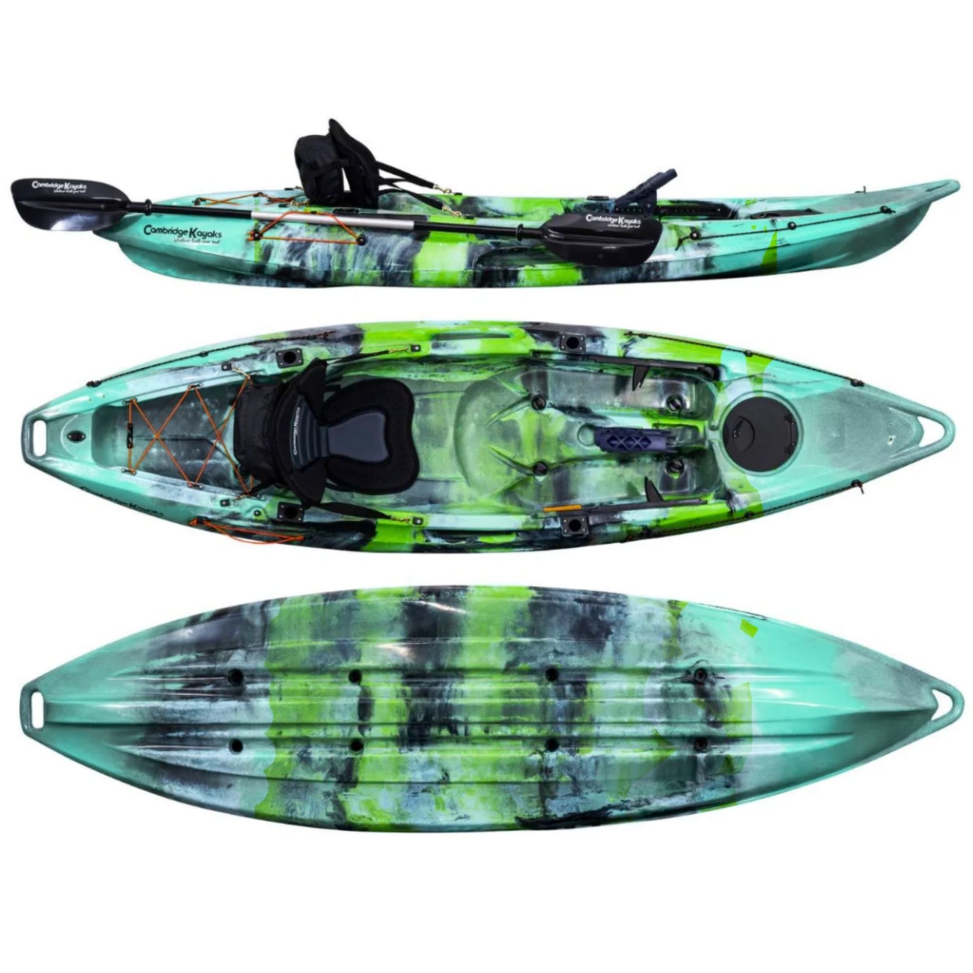 Cambridge Kayaks Quest single 1 plus 1 sit on top fishing kayak in green camo, compact and stable kayak for leisure use, angling, sea trips and river paddling with rear storage