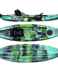 Cambridge Kayaks Quest single 1 plus 1 sit on top fishing kayak in green camo, compact and stable kayak for leisure use, angling, sea trips and river paddling with rear storage
