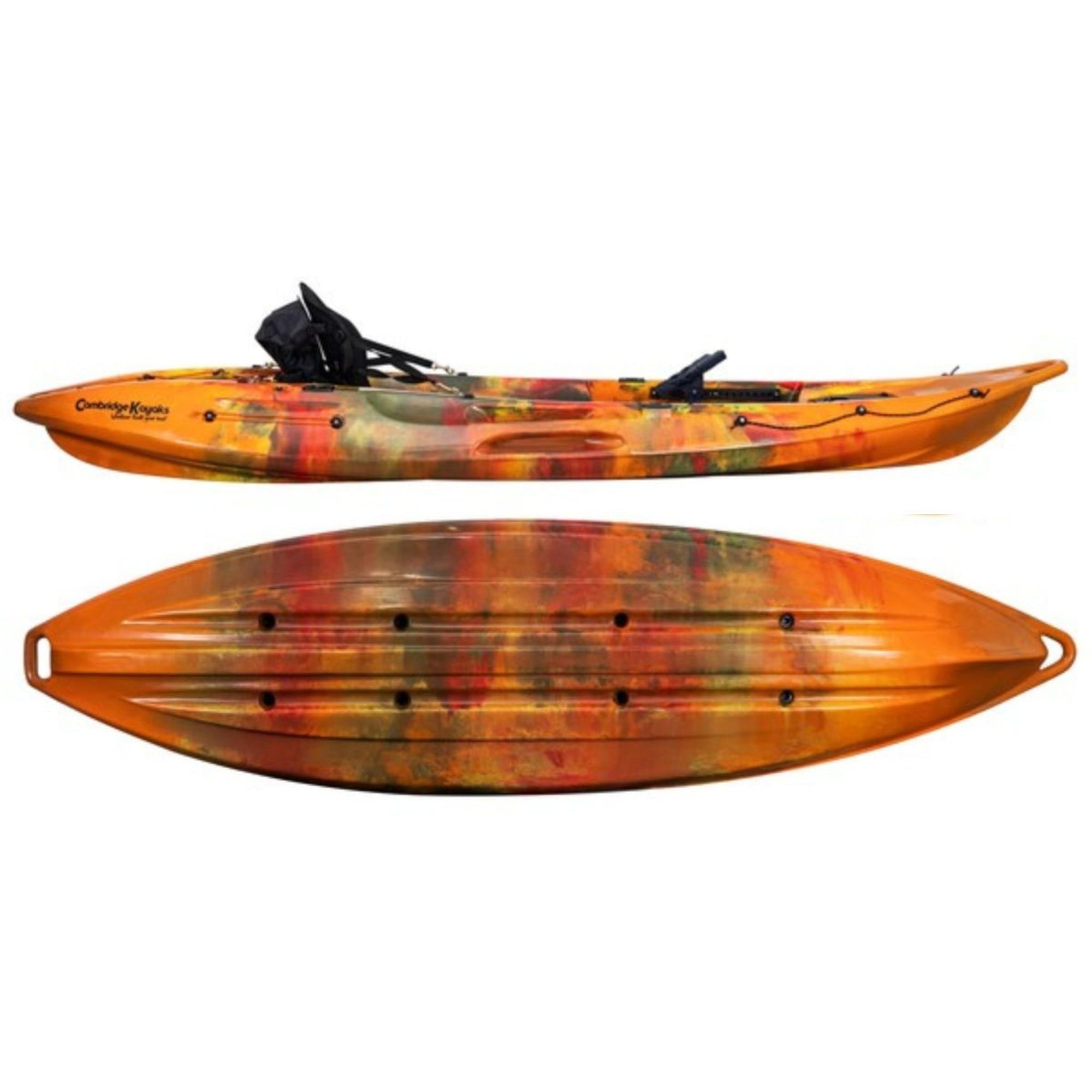Cambridge Kayaks Quest single 1 plus 1 sit on top fishing kayak in orange camo, durable leisure kayak for coastal paddling, family kayaking and freshwater angling with moulded seat design